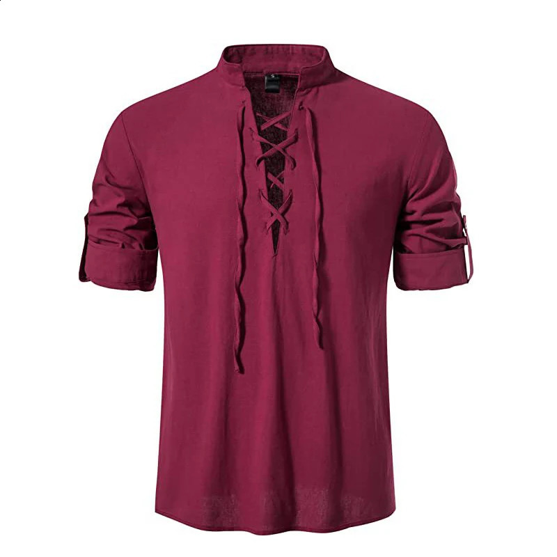 Cotton Linen T Shirt Long Sleeves Summer Holiday Beach Men Loose Fit Solid Color Shirt Casual Lace Up Tops Stand Henley Collar250821