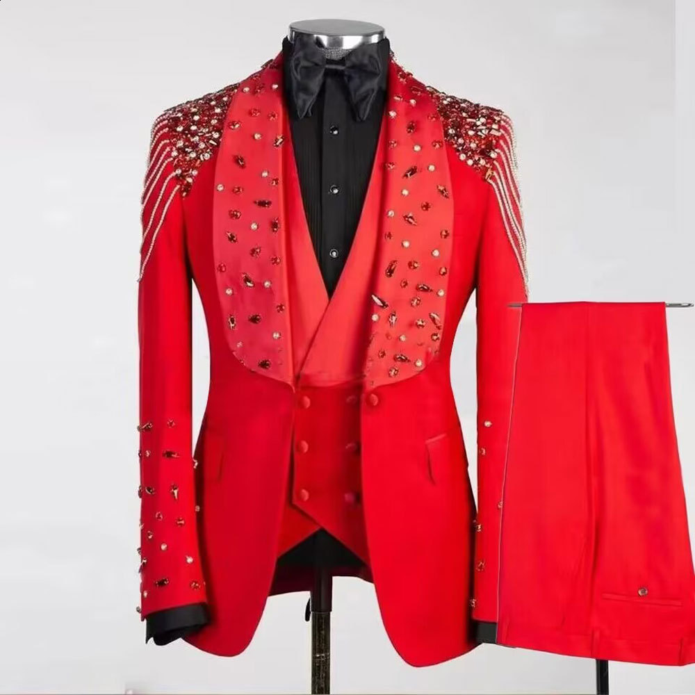 Plus Size Large Mens Three-Piece Handmade Beaded Suit Set 250822