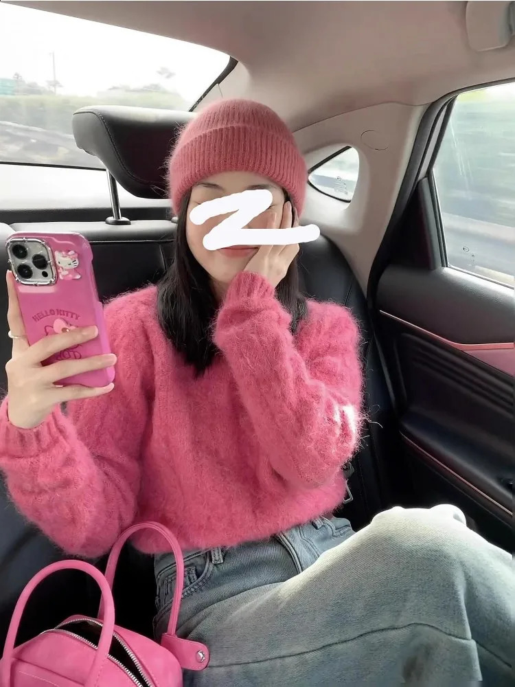 Retro Plum Pink Sweater WomenS Autumn/Winter Style High End Round Neck Thickened Short Outerwear Top 250818