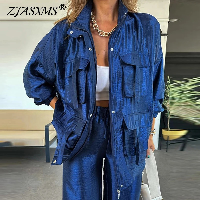 Fall Retro Metallic Color Womens Jacket Outerwear Casual Lapel Button Zipper Office Top Cardigan Winter Long Sleeve Pocket Coat 250822