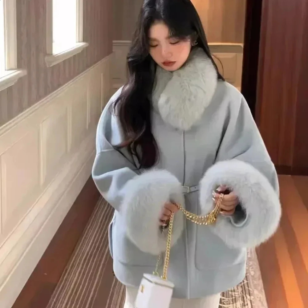 ORTBUY Autumn Winter Fur Coat Fox Fur Collar Jacket Female Double-sided Woolen Coat Small Double-sided Cashmere Coat Women250821