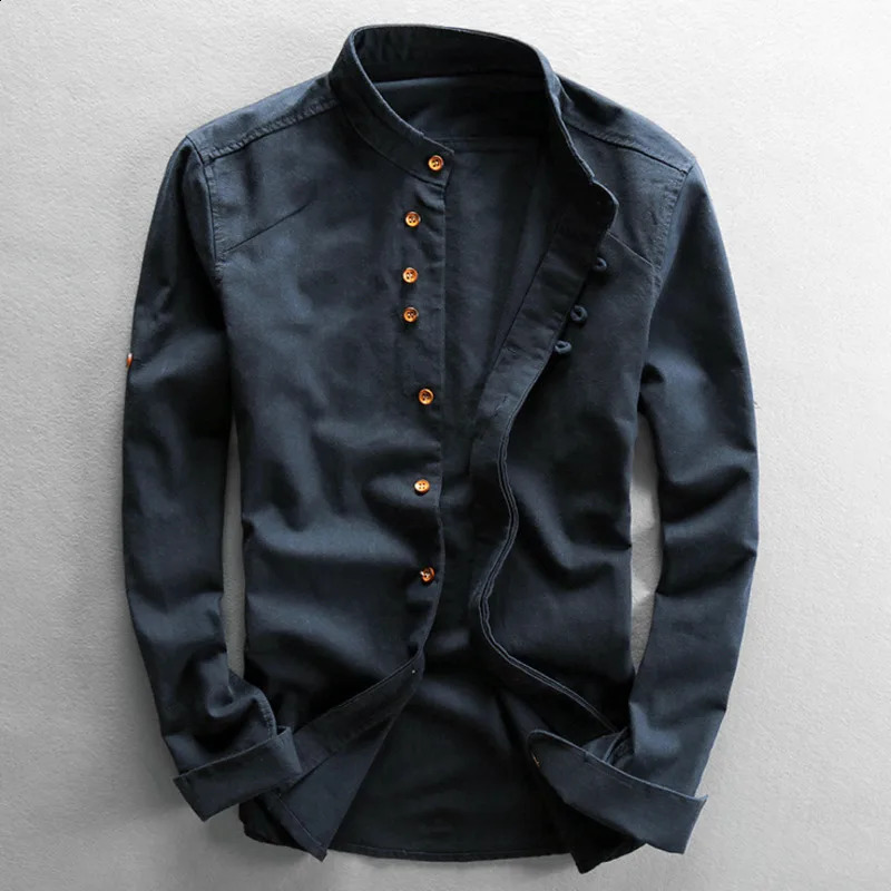 Japan Style Mens Linen Cotton Shirt Harajuku Stand Collar Long Sleeve Slim Fit Solid Color Male Casual Breathable Classical Tops250821
