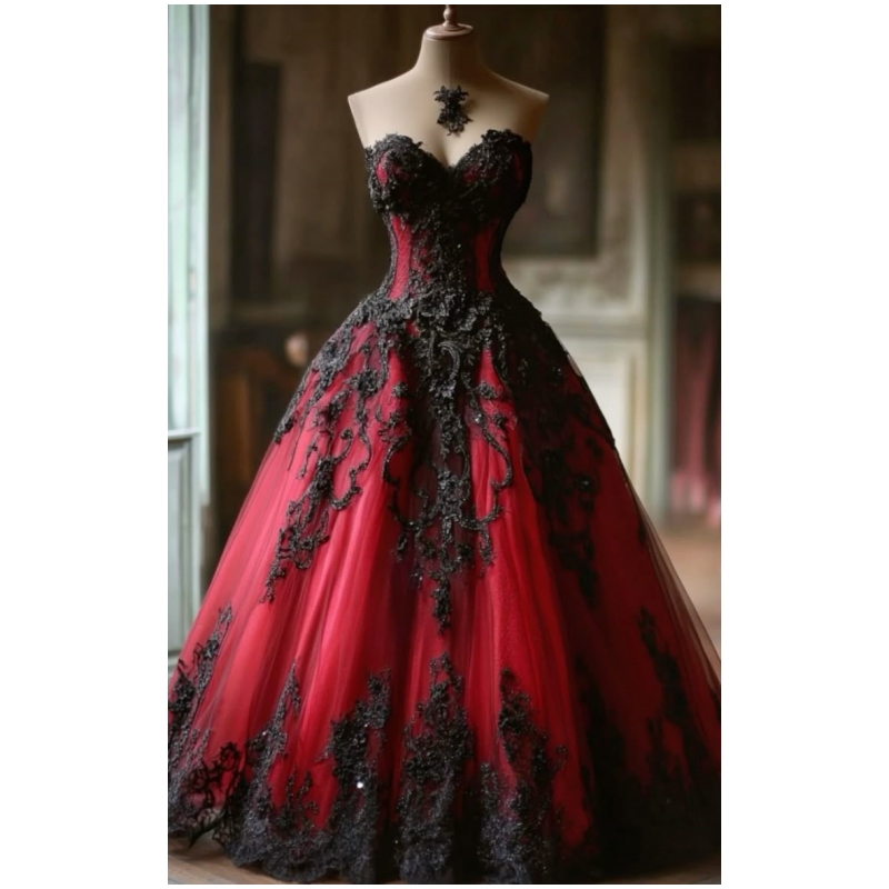 Black And Red Gothic Wedding Dress Lace Appliques Sweetheart Sleeveless A-Line Tulle Vintage Bridal Gown Custom Made Color/Size