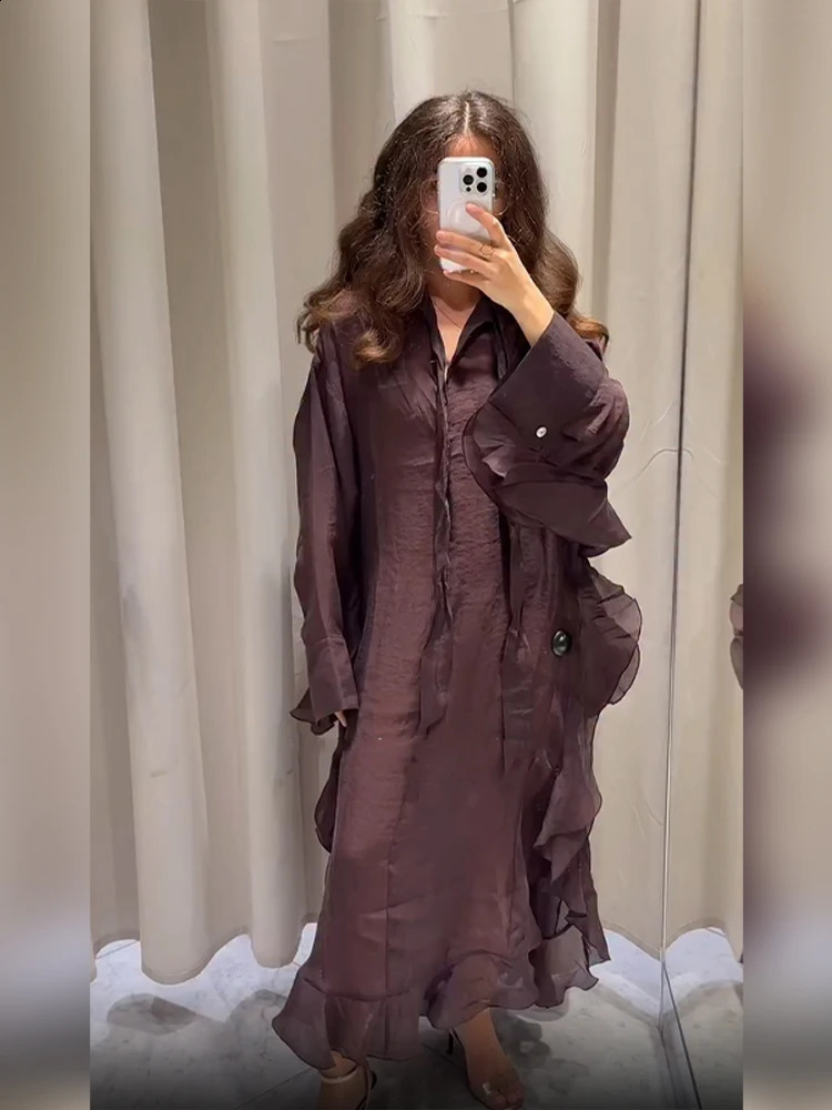 Irregular Chiffon Ruffles Deep V Neck Long Dress Womens Elegant Puff Sleeve Solid Loose Robe Lady High Street Vestido 250822
