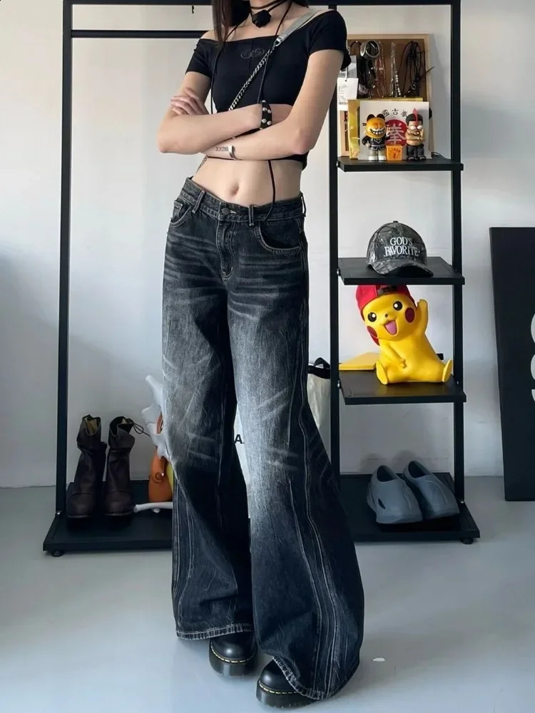 HOUZHOU Grunge Y2k Black Jeans Women Baggy Vintage High Street Oversized Denim Trousers Gothic Gyaru 2000s Acubi Fashion Jeans 250818