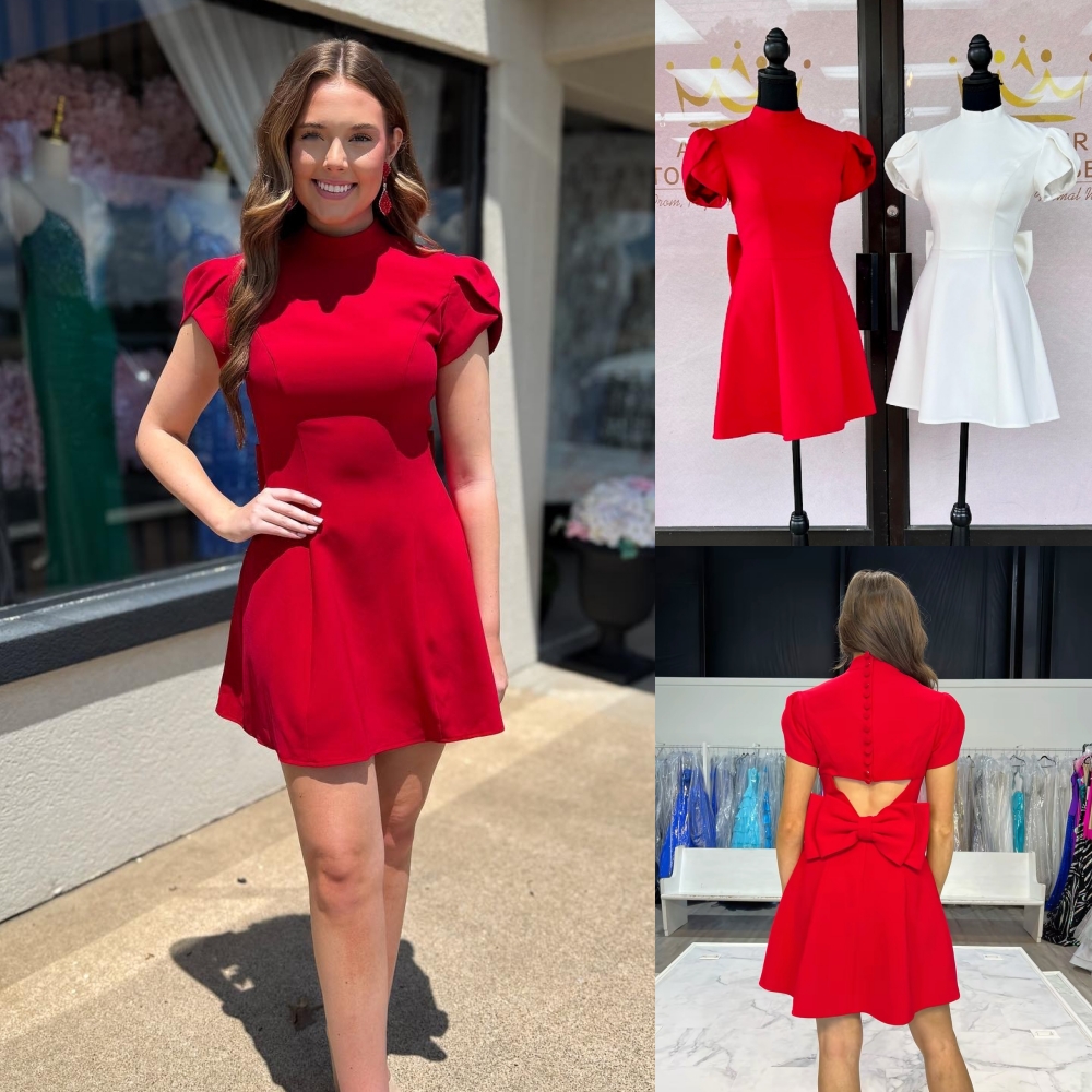 Red Homecoming Dress Puff Sleeves Cut-Out Bow Back Fit-n-Flare Short Cocktail Semi Formal Bachelor Wedding Guest Party Black-Tie Graduation Pagea