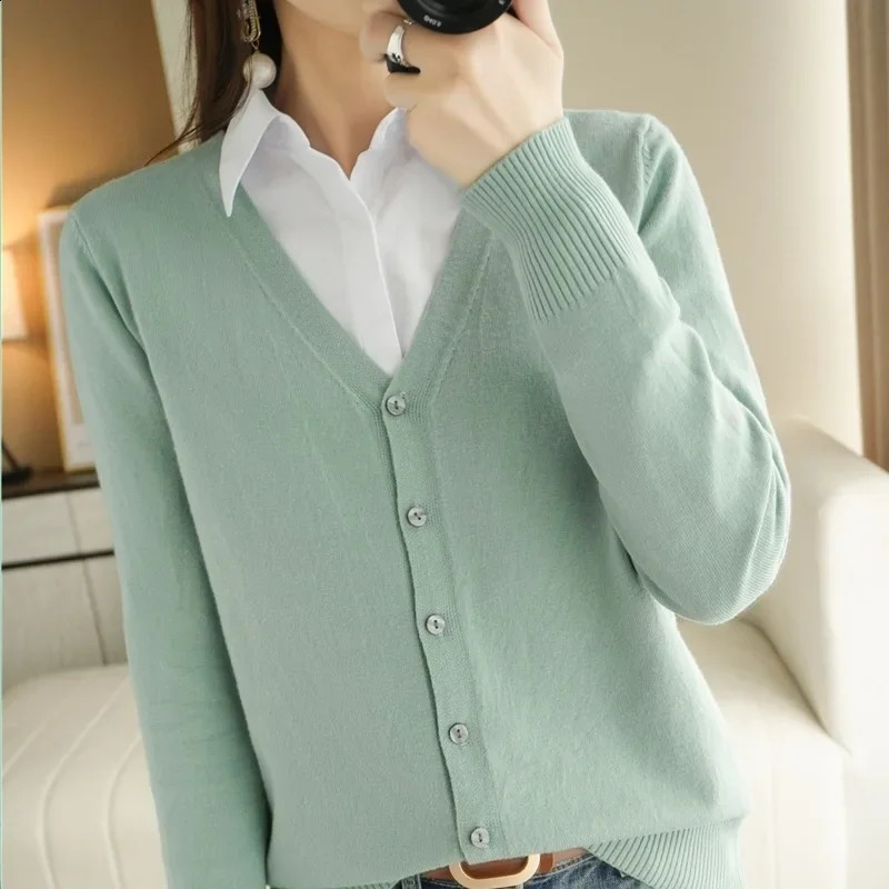 Spring Autumn Women Cardigans Single Breasted V-neck Solid Knitted Sweater Slim Female White Cardigans Casual Outerwear250821