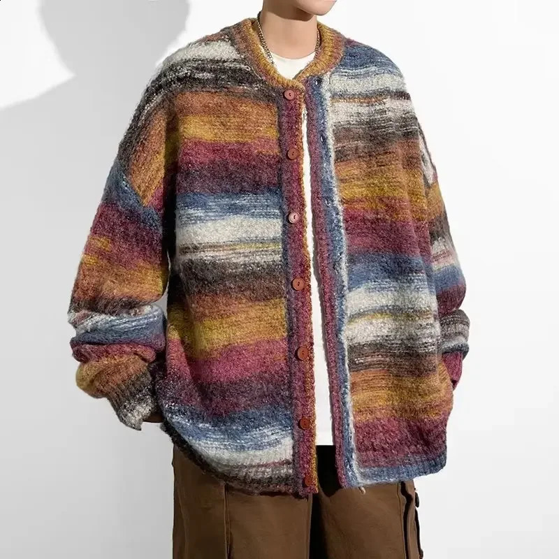 2025 mens color matching crew neck sweater autumn and winter for teenagers loose fashionable casual knitted cardigan 250813