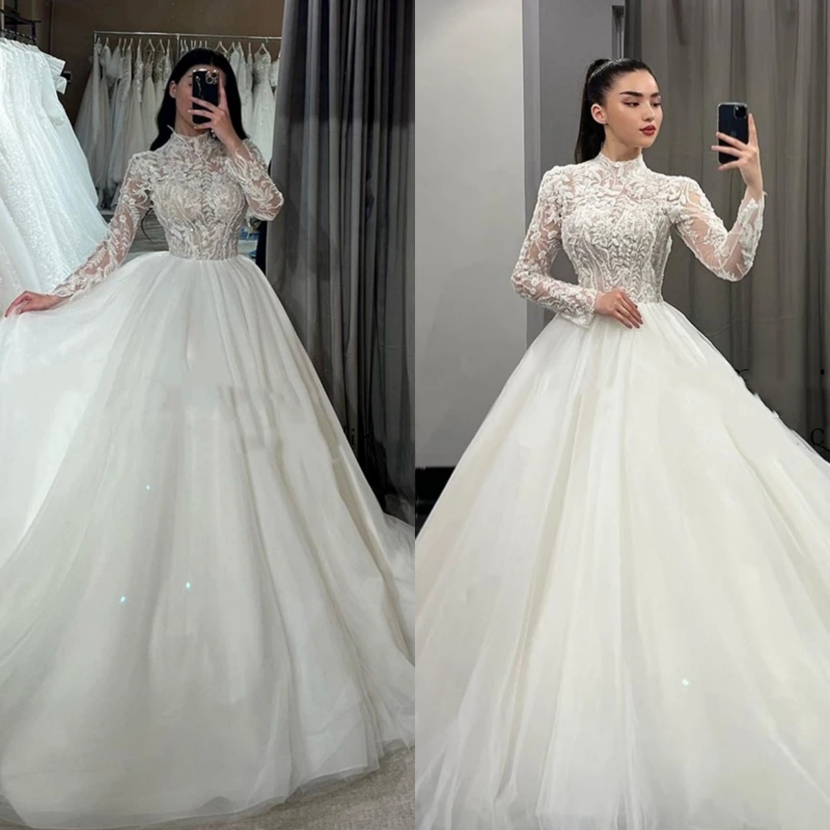 Graceful A Line Women Wedding Dress High Neck Long Sleeves Bridal Gowns Appliques Sweep Train Dress Customized vestidos de novia