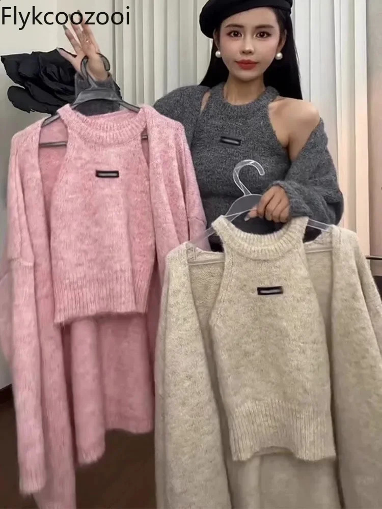 Round Neck Halter Vest Knitted Cardigan Two-piece Set Autumn Sweet Sweater Jacket Casual Suit Top 250818