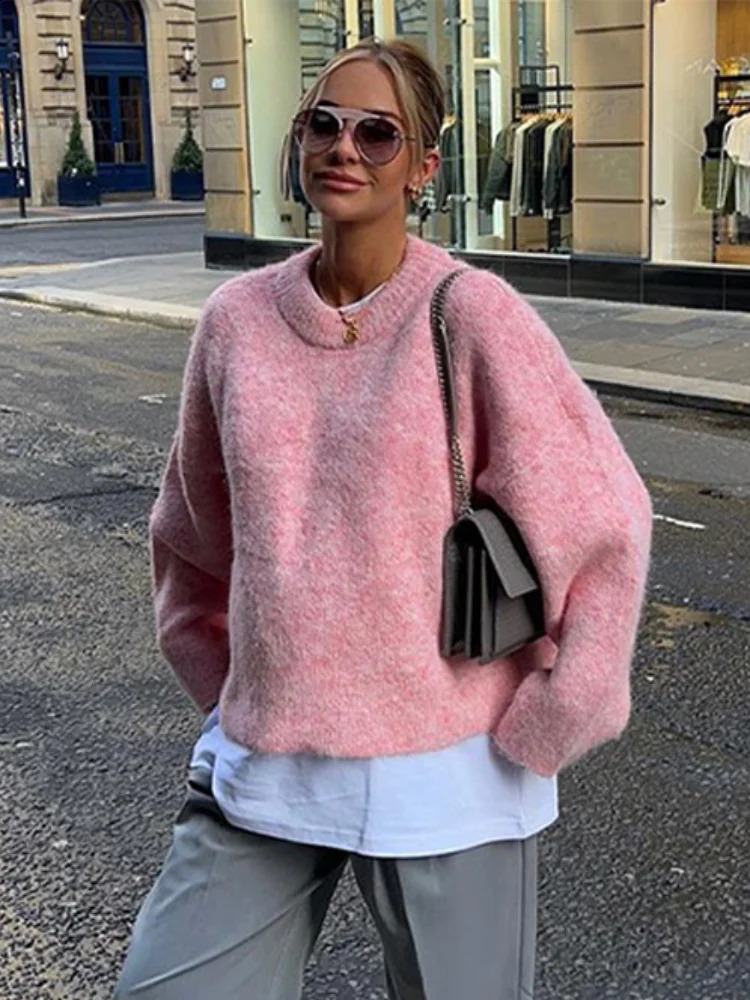 Knitted Oversize Sweater Women O-neck Long Sleeve Pink Long Sleeve Pullover Female Casual Autumn Street Chic Jumper Tops 250818