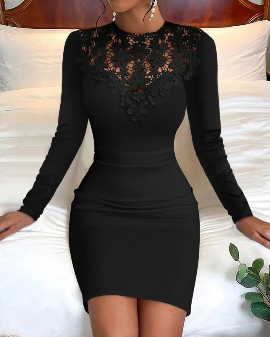 Women Fall Flower Lace Embroidery Mini Dress Elegant Winter Long Sleeve Wrap Dresses Sexy Half Collar Bodycon Party Dress 250822
