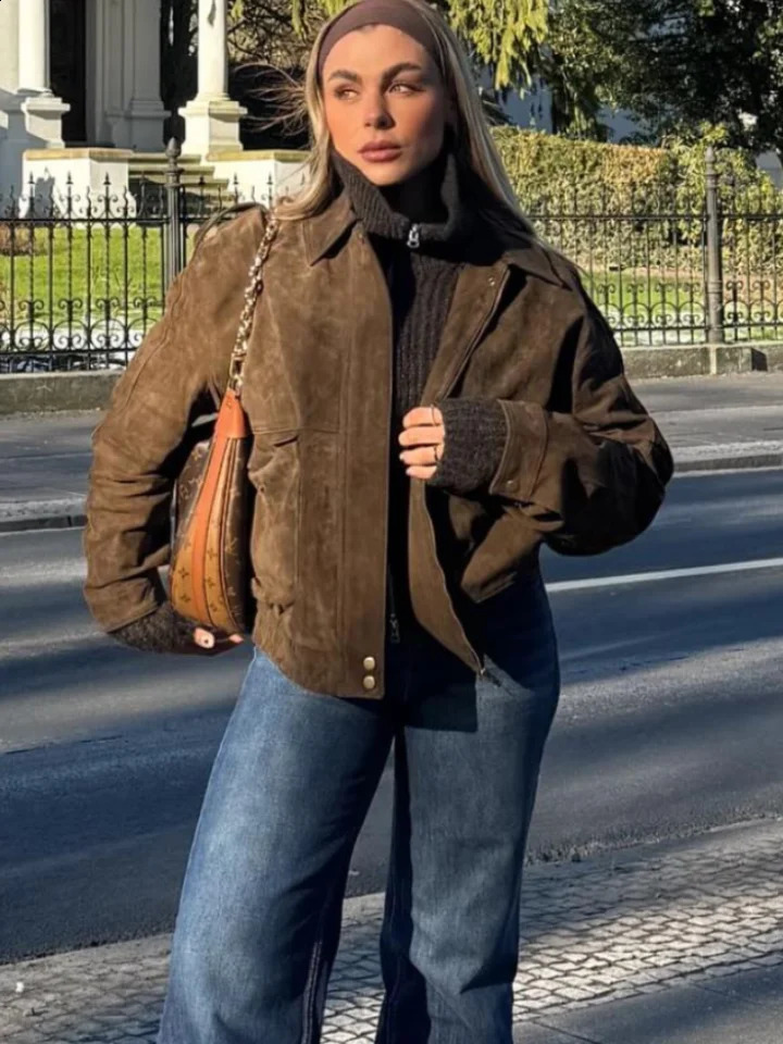 Veste en cuir en daim Mabillement vintage brun montant saute à la poche