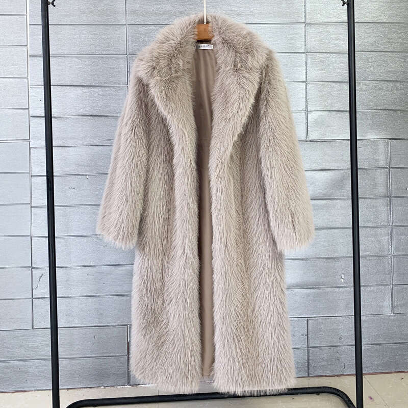 Long artificial fur coat, women's autumn and winter overcoat, overcoat, lapel pocket, thick overcoat, warm jacket and floor overcoat