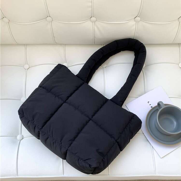 New Down Tote Women, Large Capacity Cloud Commuter Bag, Korean Autumn Winter Cotton Plaid Nylon Shoulder Bag For Women B5