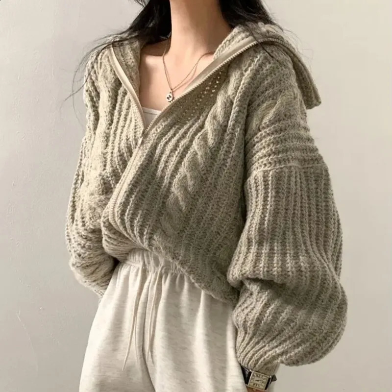 Womens Autumn Winter Thicken Twist Sweaters Cardigans Zip Up Lapel Collar Knitted Coat Outerwears Casual Tops 250818