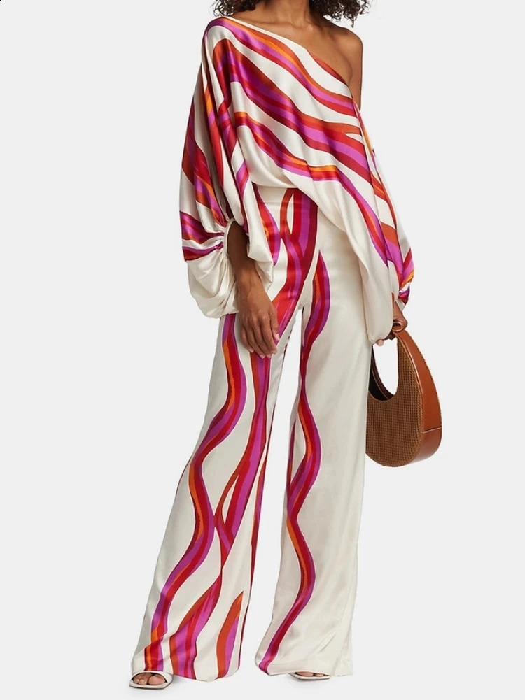 Women Satin Print Pajamas Suit Fashion Hollow Off Shoulder Tops with Long Pants 2 Piece Sets 2024 Homewear Commuting Outfits250821