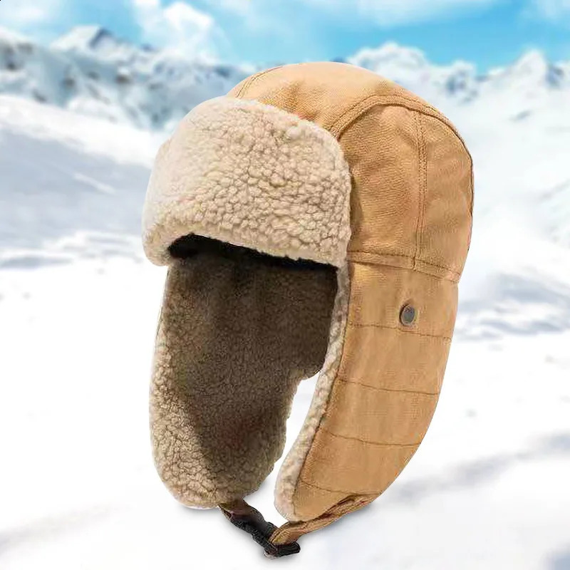 Winter mens and womens fashion canvas Lei Feng hat plush thickening warm ear protection outdoor hiking riding skiing cold hat 250814