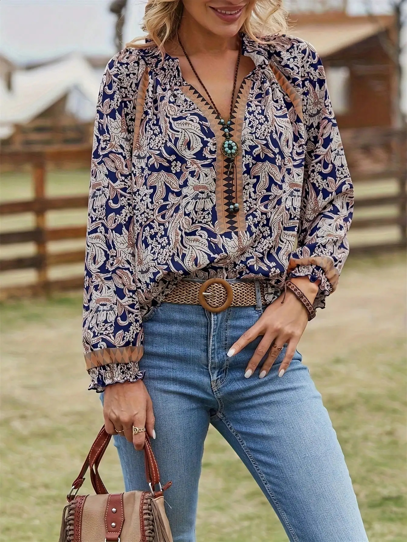Womens Spring and autumn Bohemian print long sleeve tunic blouse 250822