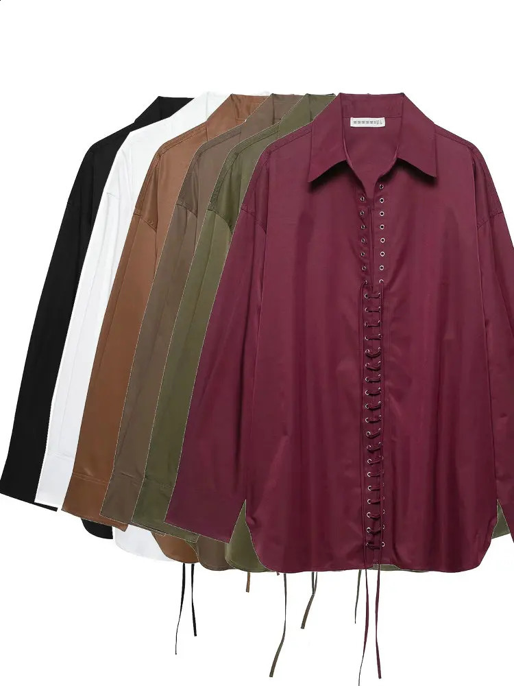 Fashion Womens American Retro Loose Oversize Burgundy Blouses Lady High Quality Lace-up Long Shirts Streetwear 250822