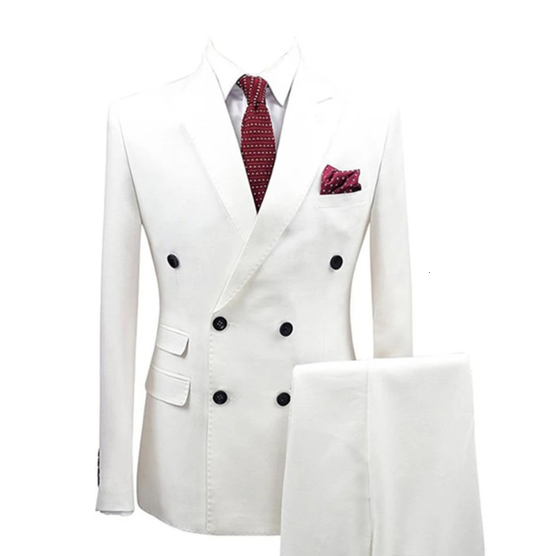2 Pieces White Mens Slim Fit Suit Double Breasted Lapel Blazer Solid Color Formal Dress for WeddingBusiness Party Prom 250821