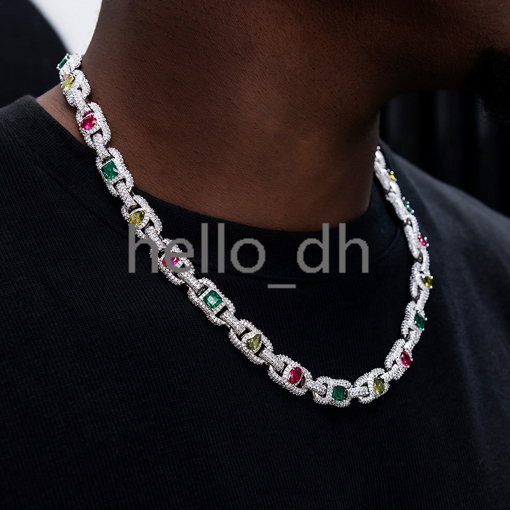 Custom Iced Out Diamond Cuban Link Chain Silver Plated Mixed Inlaid Colorful moissanite Charm Hip Hop Necklace