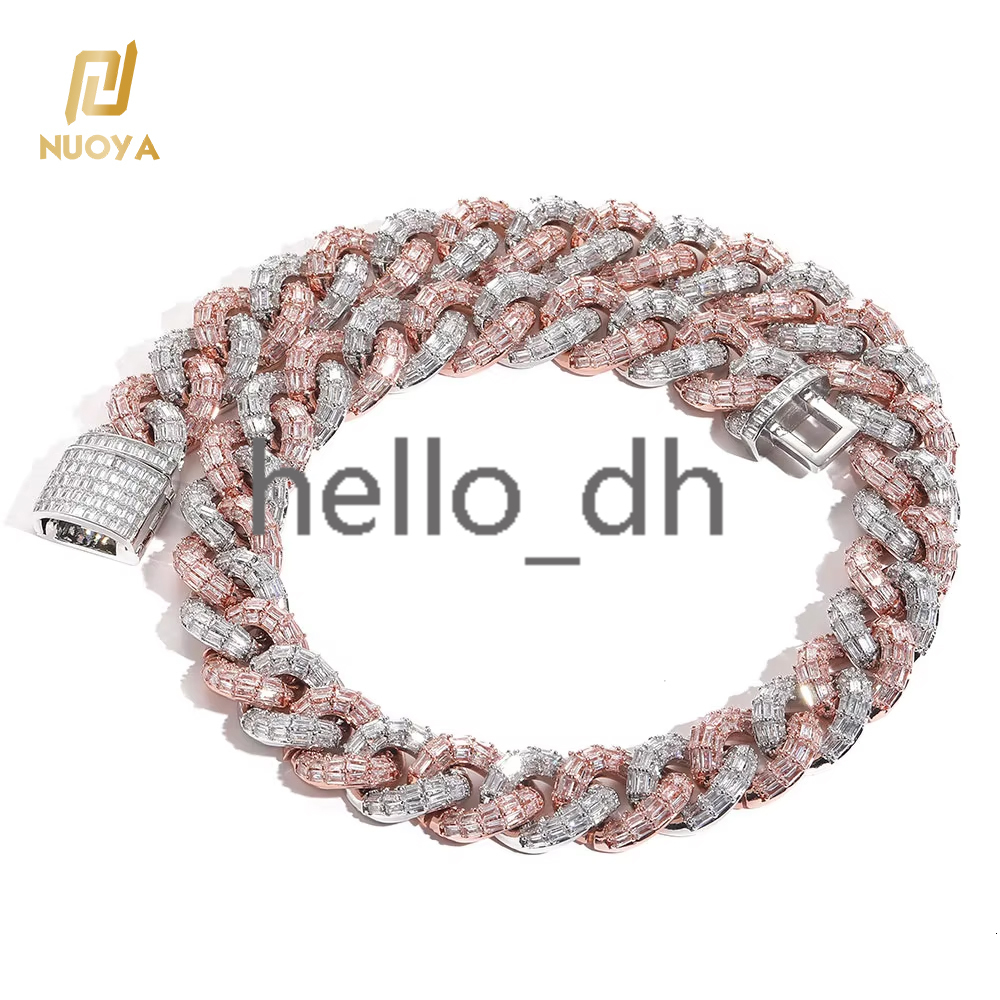 High Quality Hip Hop Two Tone Cuban Link Necklace Women Baguette moissanite Diamond Chunky Chain Brass Necklace for Men Woman