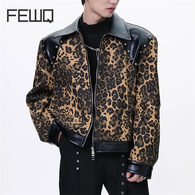 FEWQ High Street Mens Jackets Lapel Leopard Print Metal Rivets PU Leather Patchwork Diamond Loose Male Coat 24K3446 250821