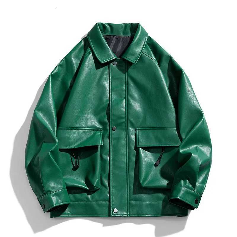 Boys Retro Green PU Soft Leather Coat Autumn Winter Casual Motorcycle Biker Jacket Thin Loose Outerwear Streetwear Plus Size 3XL X250822