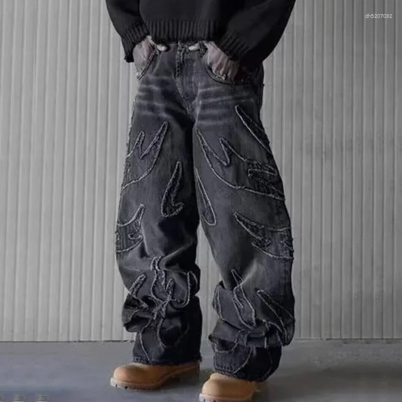 Men's Jeans Men Baggy Aesthetic Streetwear Male Retro Fashion Wide Leg Denim Pants Graphic Embroidered Designer Hip Trousers