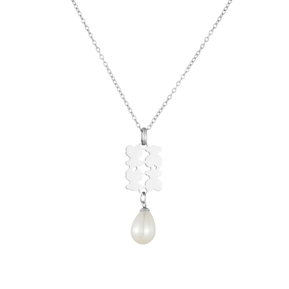 Hot Fashion Simple Women Silver Gold Stainless Steel Bear Circle White Pearl Bead Chain Pendant Hollow Necklace Jewelry-image-1072192337