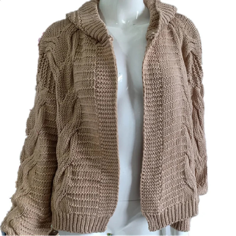Twist Hat Buttonless Cardigan With Hooded Solid Color Thick Thread Casual Knitted Sweater European American Type 250818