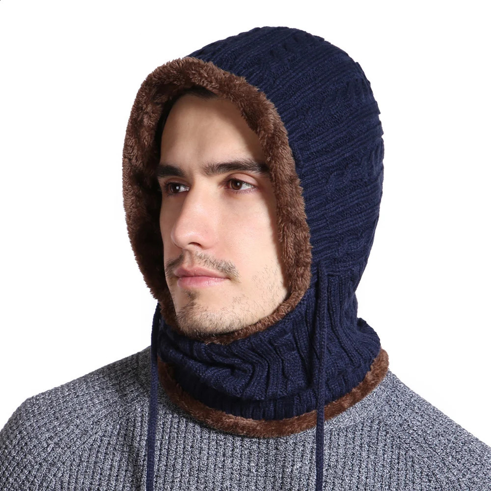 Unisex Winter Knitted Hat Neck Protection Beanie Cap Add Fur Lined Warm Hats For Men Women Balaclava Cap 250814