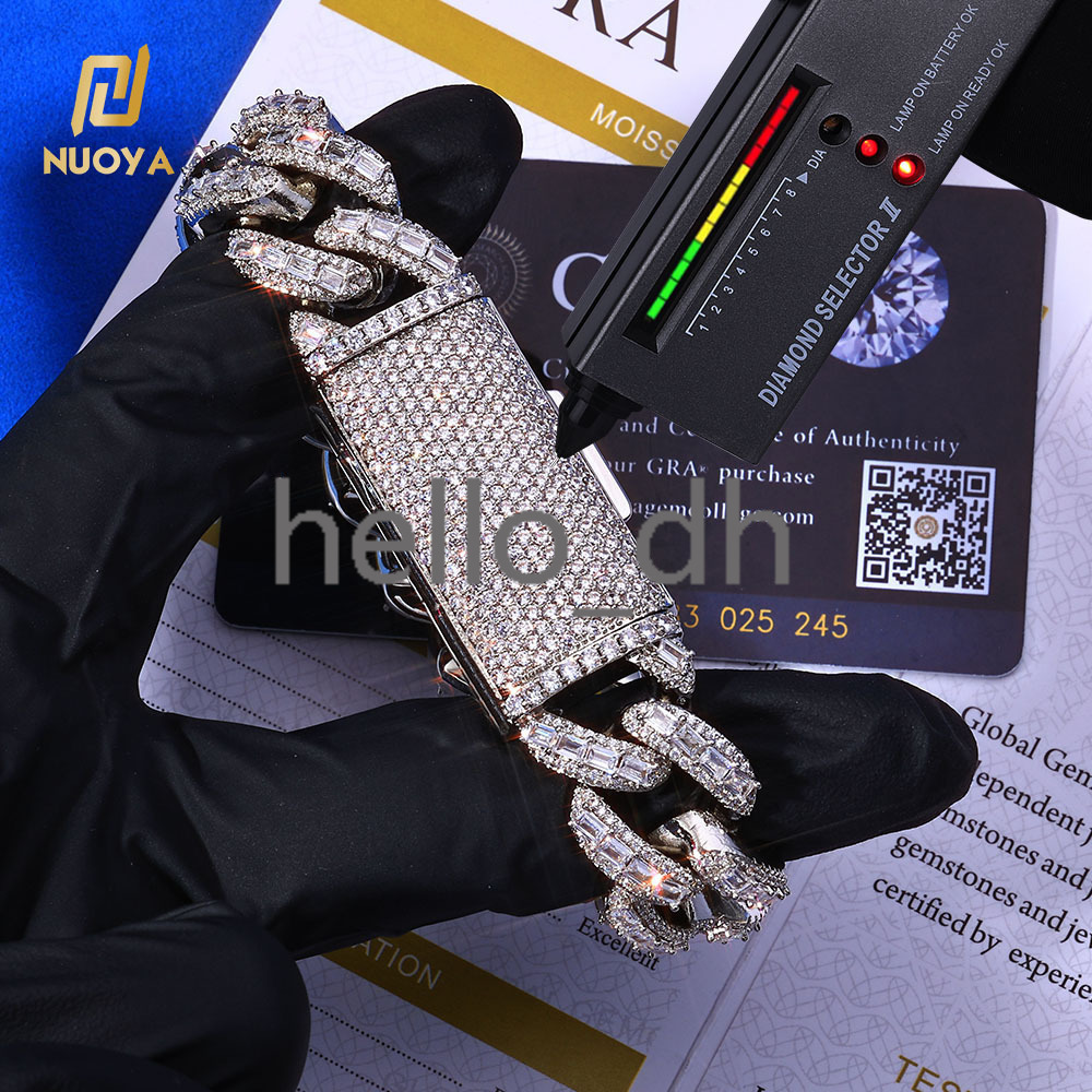 18mm Heavy Duty Cuban Chain 925 Silver Bracelet Flip Buckle Iced VVS Moissanite Baguette Inlay Hip Hop Jewelry