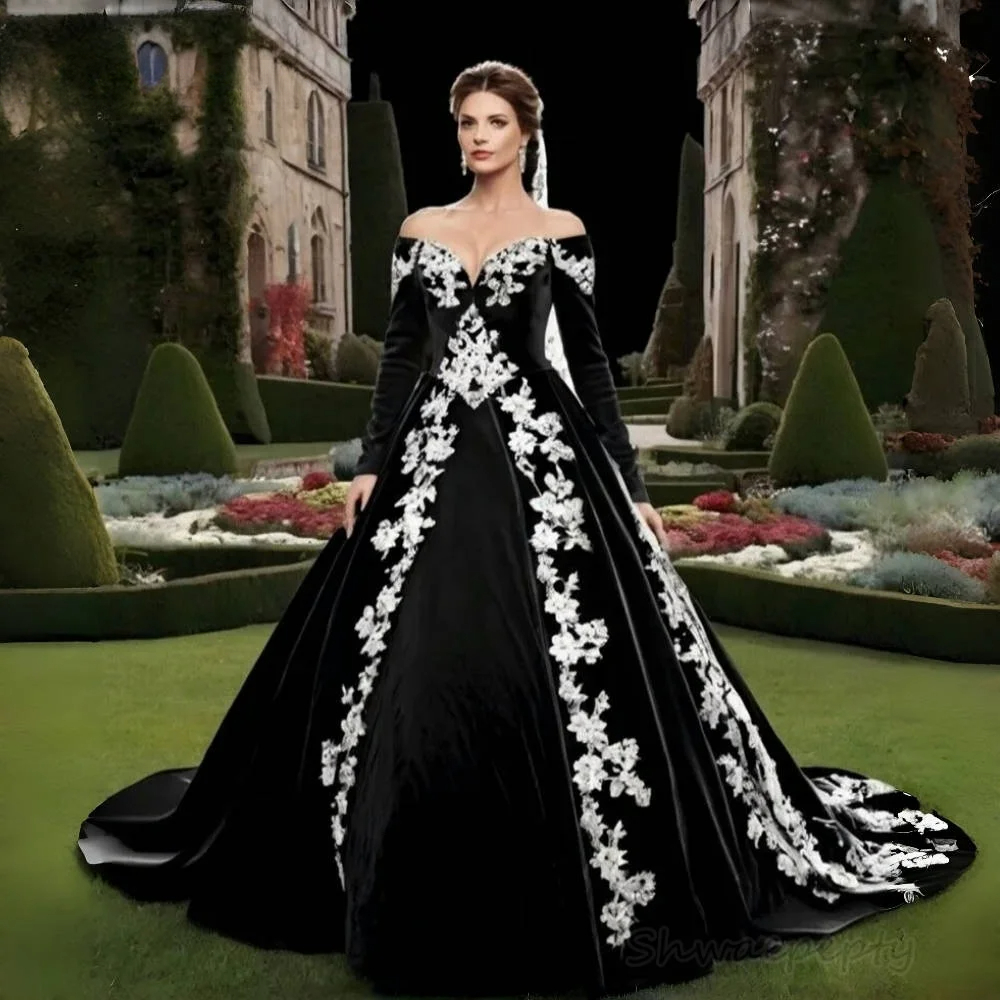 Black White Gothic Wedding Dress Off-Shoulder Long Sleeve Ball Gown Vintage Bridal Customized Castel Vestidos De Novia
