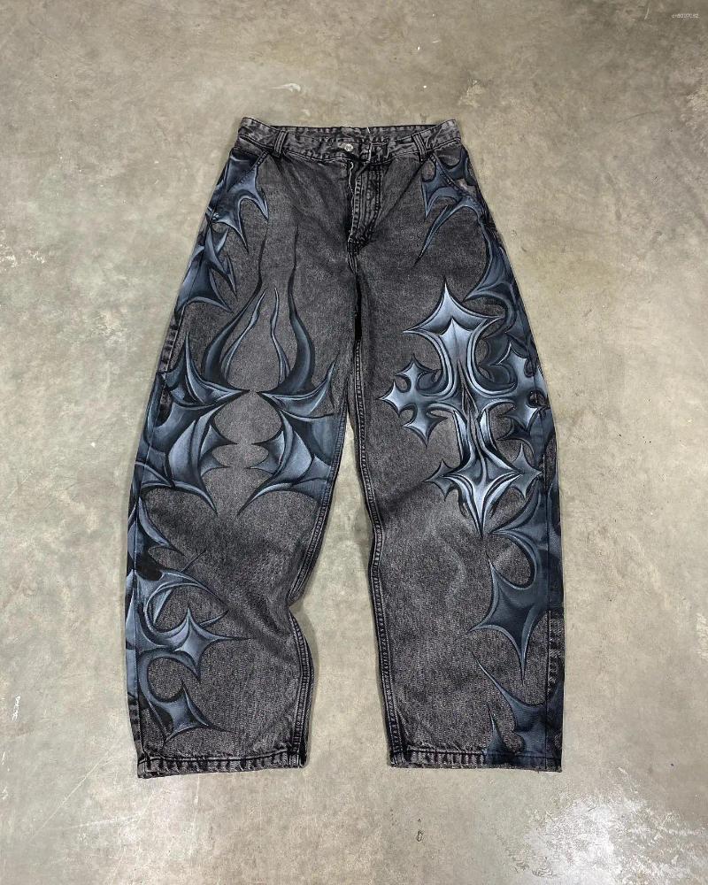 Men's Jeans 90s Hip Hop Punk Unique Print Design Y2K High Waist Male American Street Retro WideLeg Pants Female Graphic