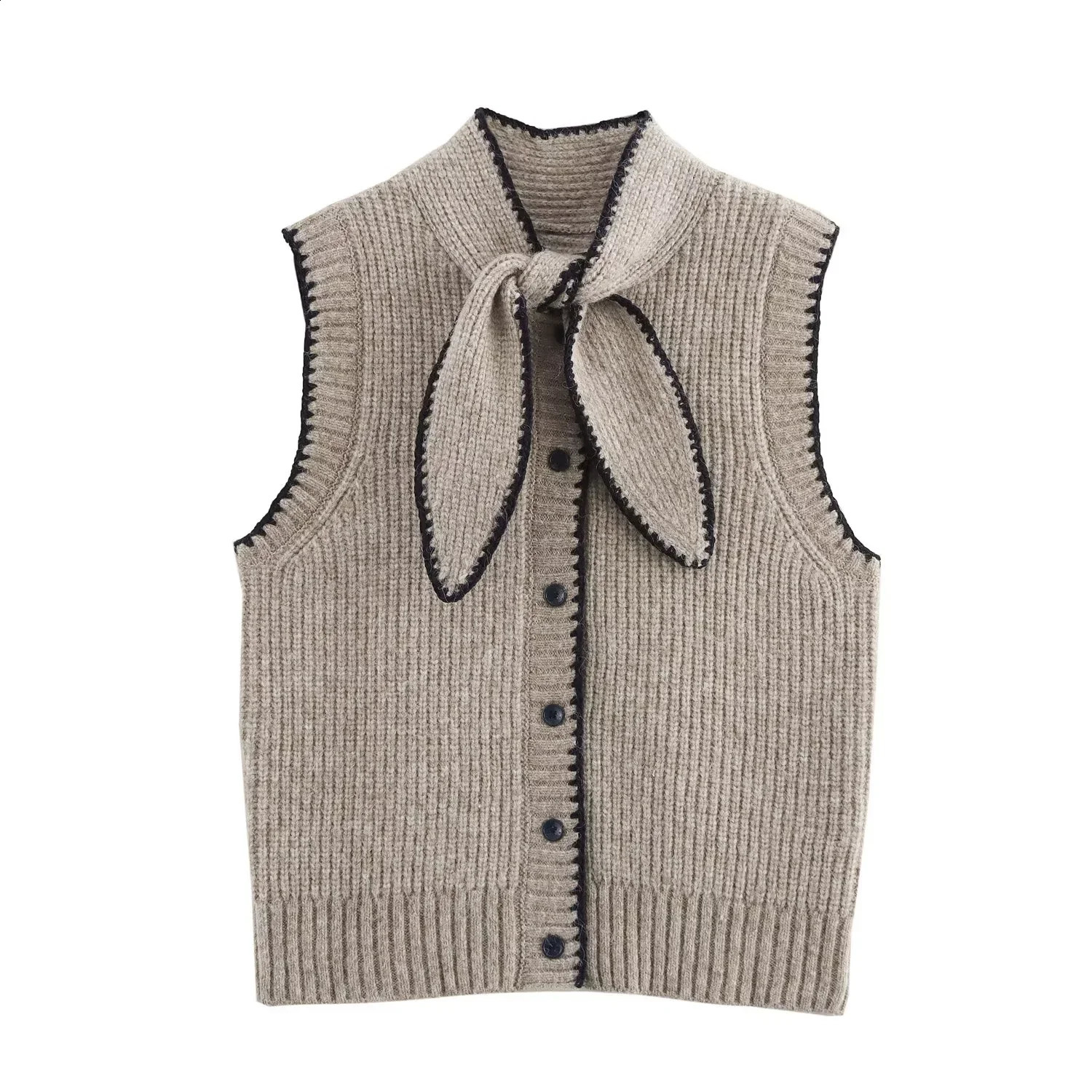 Cropped Sweater Women Vests Loose Korean Bow Tie Button Up Vest For Clothes Cardigans Elegant 250815