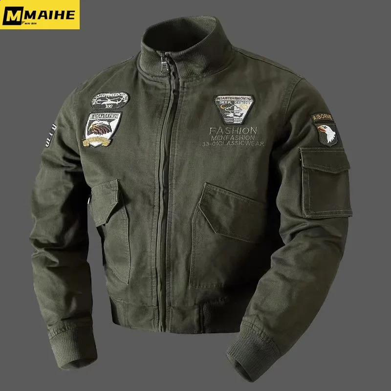 Retro Bomber Jackets Men Autumn Spring Embroidery Airplane Pilot Cargo Jackets Male Stand Collar Embroidery Tactical Coats 250818