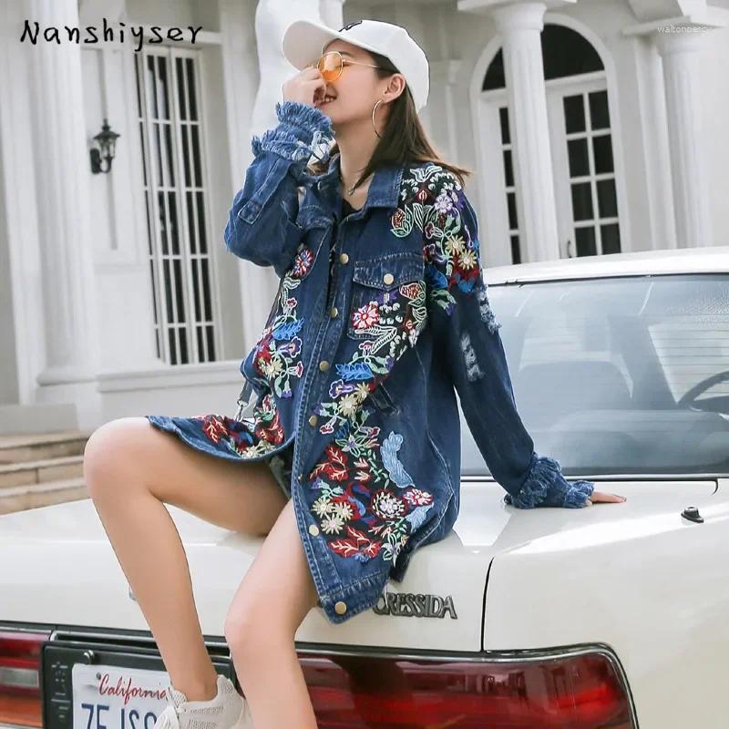 Women's Jackets 2025 Spring Loose Vintage Flower Embroidered Denim Jacket Women Single-breasted Casual Fringe Hole Jeans Female
