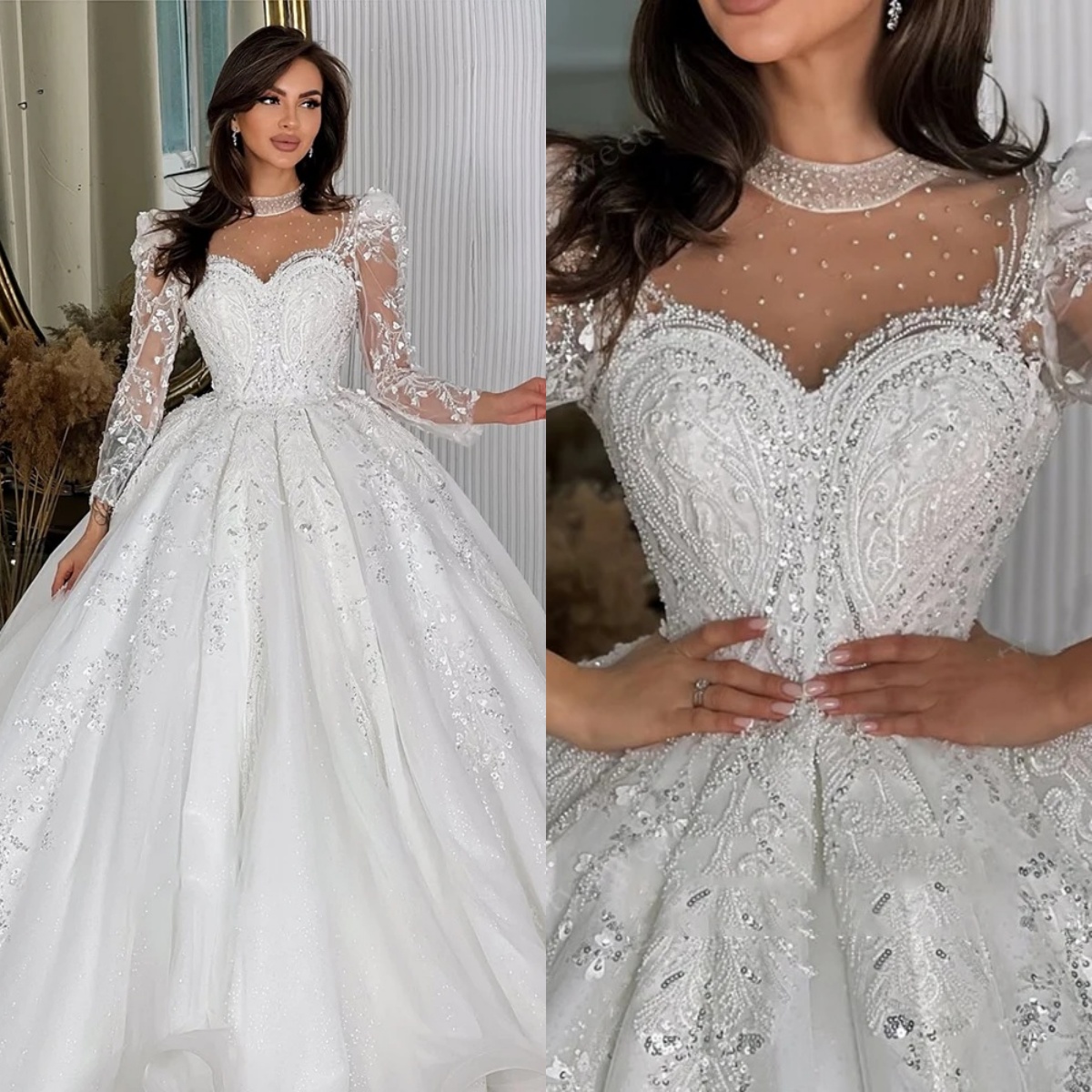 Luxury A Line Women Wedding Dress Jewel Neck Long Sleeves Bridal Gowns Appliques Sequins Sweep Train Dress Customized vestidos de novia