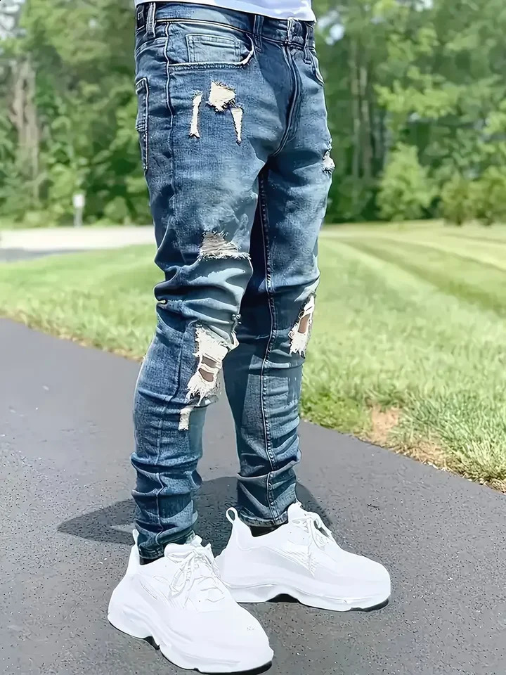 MenS Slim Fit Distressed Jeans - Stretch Denim Ripped Detail Mid-Rise Street Style Light Blue All-Season Casual Wear Stre 250822