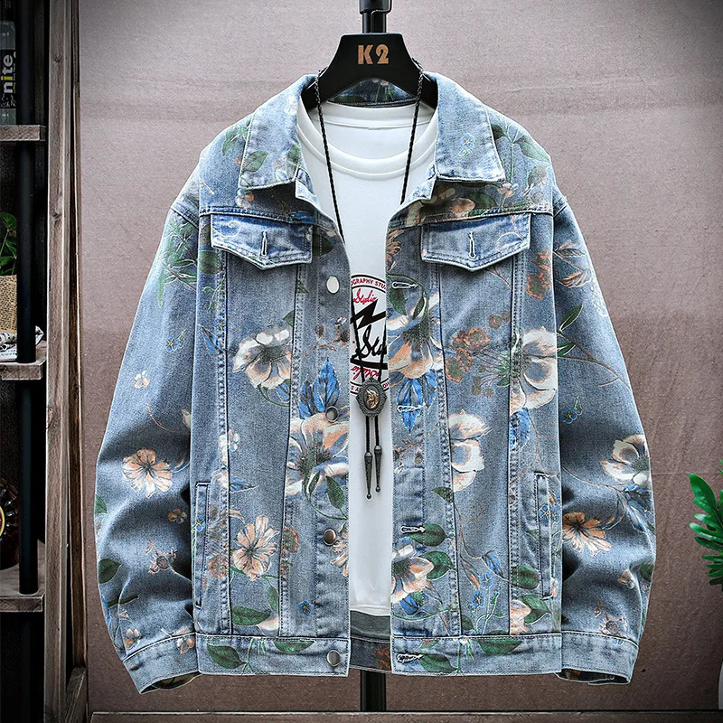 Vintage Floral Print Denim Jacket Mens Distressed Coat Streetwear Loose Fit Long Sleeve Jackets Korean Bomber Jeans Jacket 250818