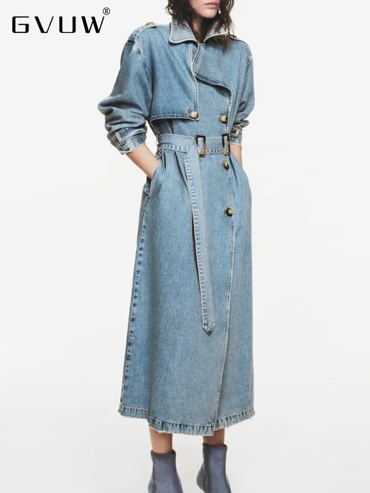 GVUW Midlength Denim Trench For Women Belt On Waist Loose Lapel Double Breasted Jean Windbreaker Female Autumn 17G1971 250822