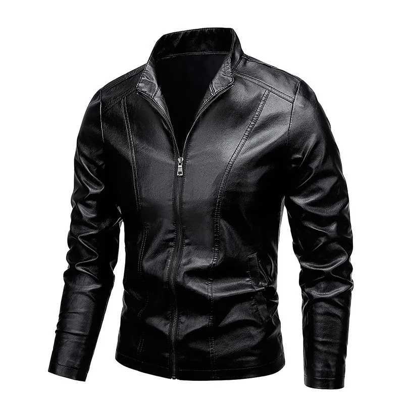 Spring Autumn Mens Slim Fit Handsome PU Leather Jacket Solid Color Stand Collar Casual Plus Size Motorcycle Leather Jacket X250822