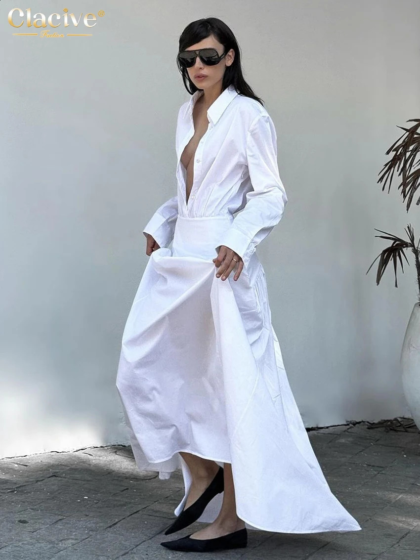 Clacive Fashion Loose White Cotton Womens Dress 2025 Casual Lapel Long Sleeve Ankle Length Dresses Elegant Classic Female Dress250821