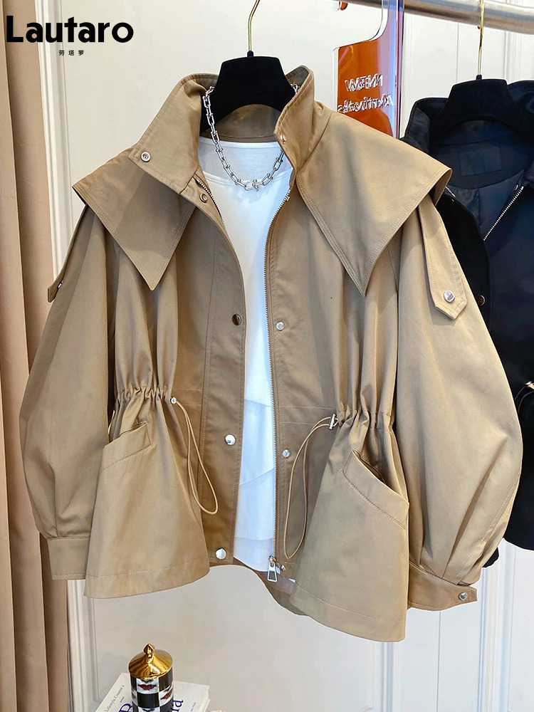 Lautaro Spring Autumn Oversized Casual Waterproof Khaki Windbreaker Women with Long Sleeve Hood Drawstring Zipper Cargo Jacket 250822