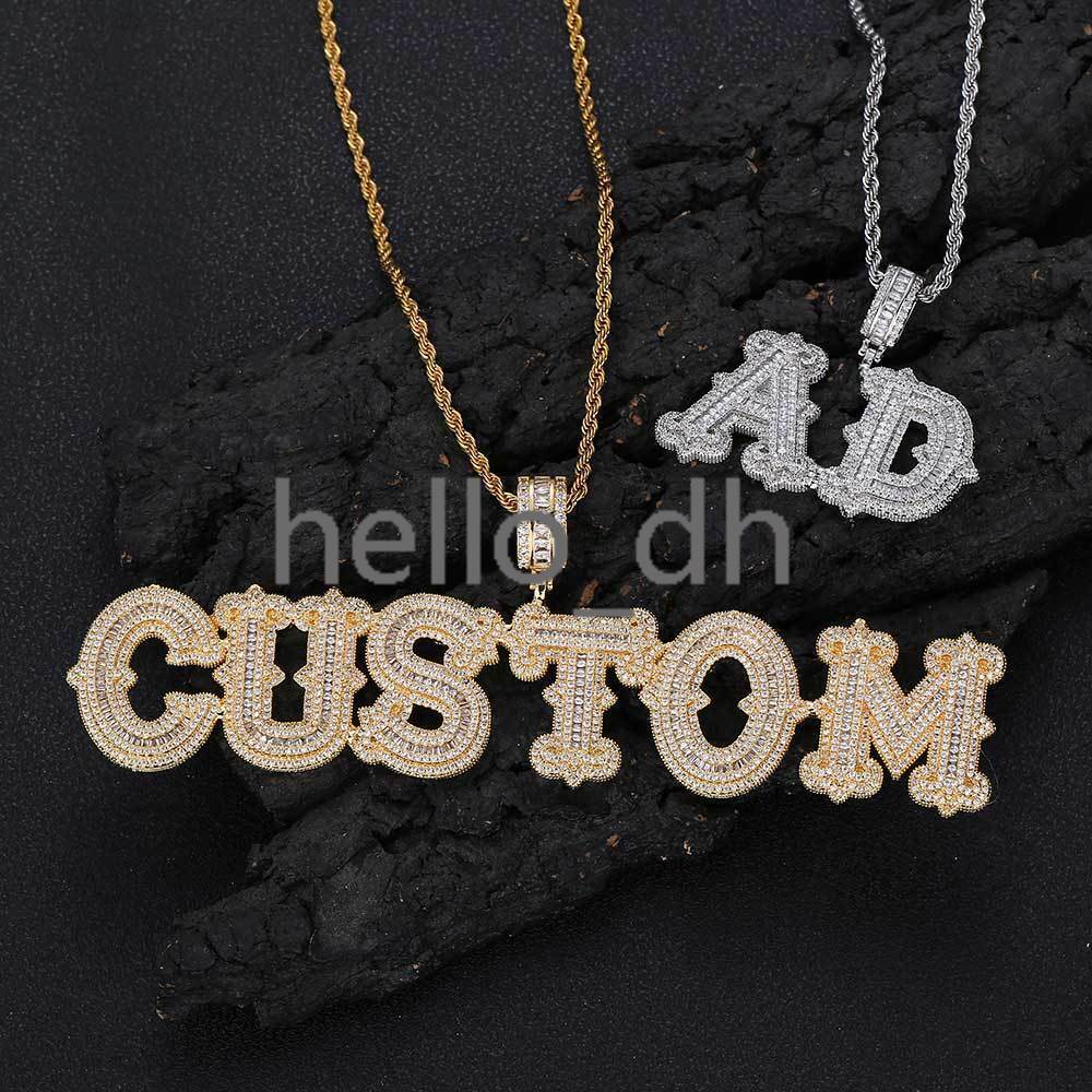 Nouveau nom personnalisé Pendant Bling Baguette Moisanite Moisaniteia Iced Out Lettre initiale Collier de pendentif pour hommes femmes