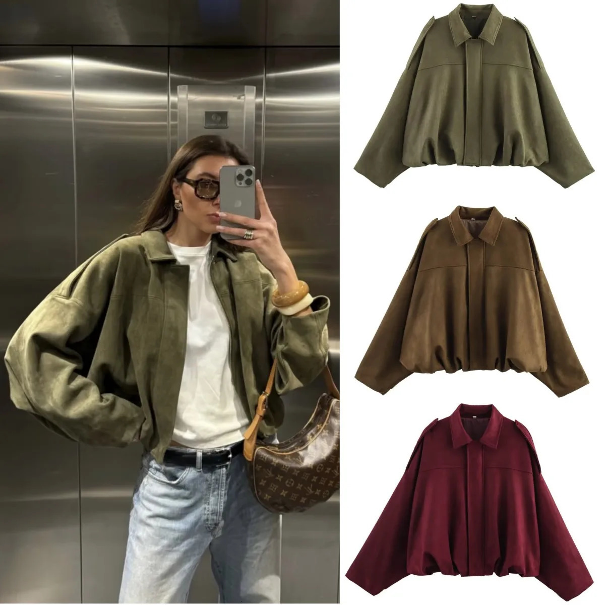ETJ TRAF Spring womens suede texture effect Loose version of fashion lapel shoulder bomber jacket 250822