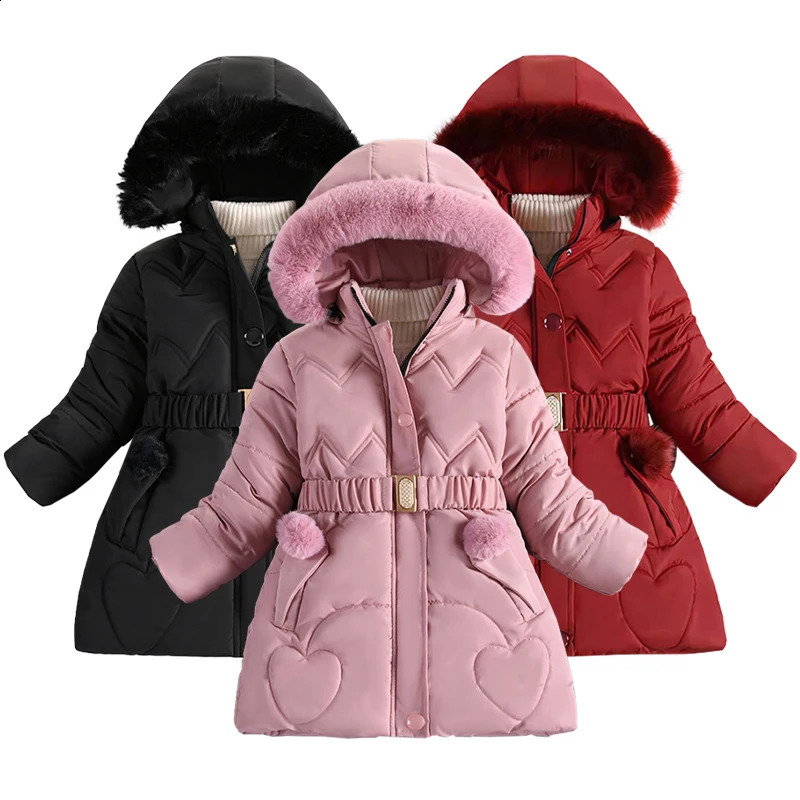 4-10 Years Fashion Girls Jacket Winter Solid Color Heart Decoration Lining Plush Warm Hooded Coat For Kids Children Outerwear250821