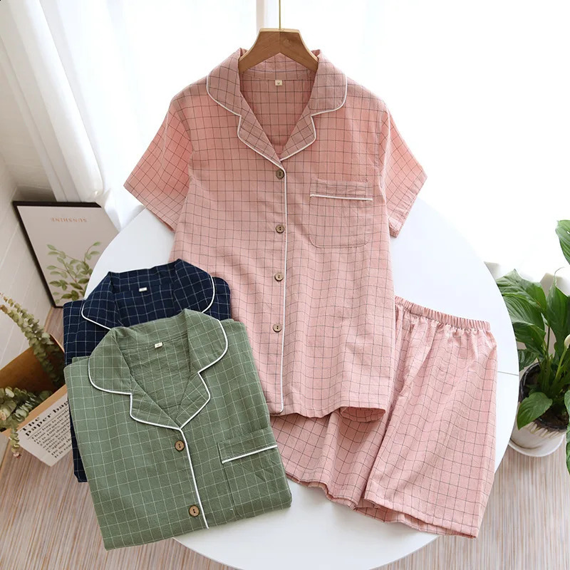 Summer couple pajamas two-piece mens plaid short-sleeved shorts 100% cotton gauze ladies simple home service set sleepwear250821